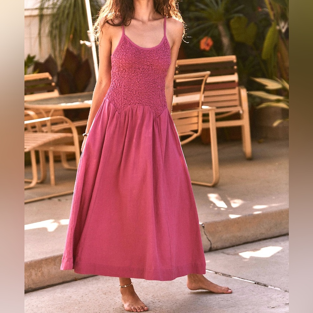 Free People Summer Chapter Midi Dress Romantic Smocked In Daphne Pink Size XS